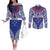 Personalised Toa Samoa Rugby Spirit Couples Matching Off The Shoulder Long Sleeve Dress and Long Sleeve Button Shirt Blue Samoan Tribal Pattern - Polynesian Pride