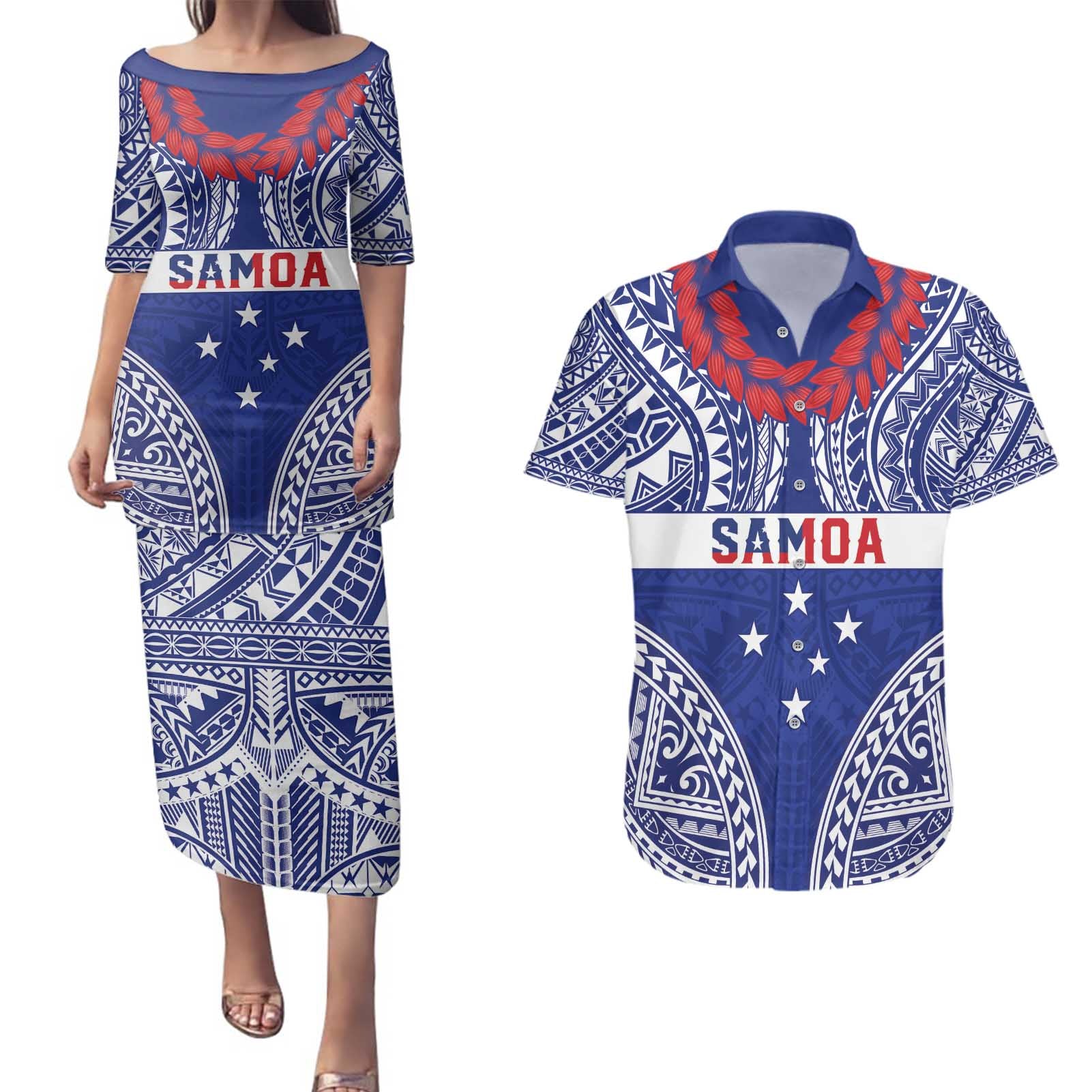 Personalised Toa Samoa Rugby Spirit Couples Matching Puletasi and Hawaiian Shirt Blue Samoan Tribal Pattern - Polynesian Pride