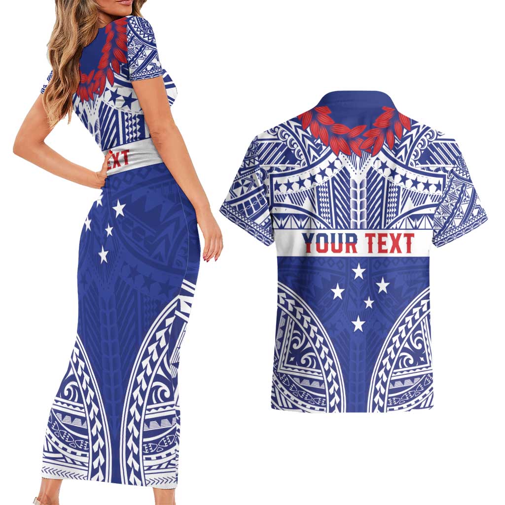 Personalised Toa Samoa Rugby Spirit Couples Matching Short Sleeve Bodycon Dress and Hawaiian Shirt Blue Samoan Tribal Pattern - Polynesian Pride