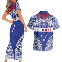 Personalised Toa Samoa Rugby Spirit Couples Matching Short Sleeve Bodycon Dress and Hawaiian Shirt Blue Samoan Tribal Pattern - Polynesian Pride