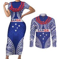 Personalised Toa Samoa Rugby Spirit Couples Matching Short Sleeve Bodycon Dress and Long Sleeve Button Shirt Blue Samoan Tribal Pattern - Polynesian Pride