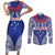 Personalised Toa Samoa Rugby Spirit Couples Matching Short Sleeve Bodycon Dress and Long Sleeve Button Shirt Blue Samoan Tribal Pattern - Polynesian Pride