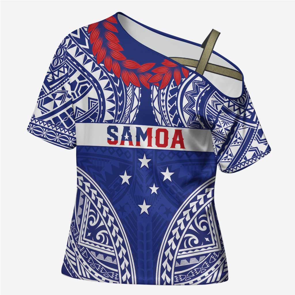 Personalised Toa Samoa Rugby Spirit Cross Shoulder Shirt Blue Samoan Tribal Pattern - Polynesian Pride