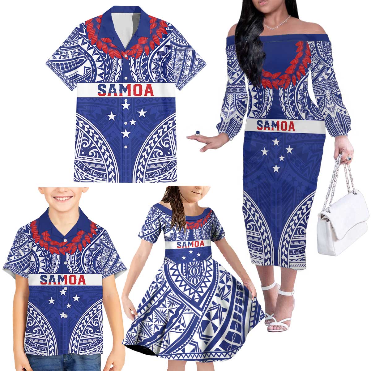 Personalised Toa Samoa Rugby Spirit Family Matching Off The Shoulder Long Sleeve Dress and Hawaiian Shirt Blue Samoan Tribal Pattern - Polynesian Pride