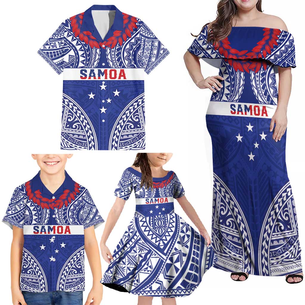 Personalised Toa Samoa Rugby Spirit Family Matching Off Shoulder Maxi Dress and Hawaiian Shirt Blue Samoan Tribal Pattern - Polynesian Pride