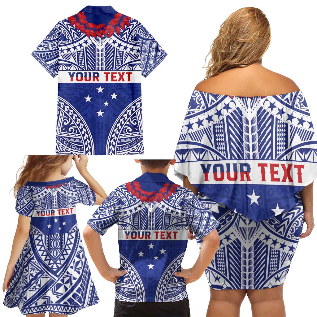 Personalised Toa Samoa Rugby Spirit Family Matching Off Shoulder Short Dress and Hawaiian Shirt Blue Samoan Tribal Pattern - Polynesian Pride