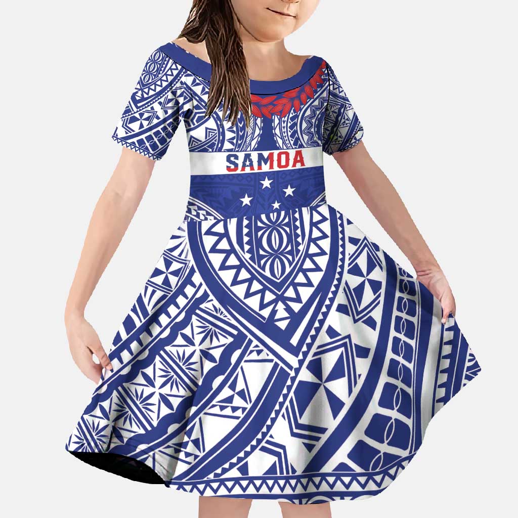 Personalised Toa Samoa Rugby Spirit Family Matching Short Sleeve Bodycon Dress and Hawaiian Shirt Blue Samoan Tribal Pattern - Polynesian Pride