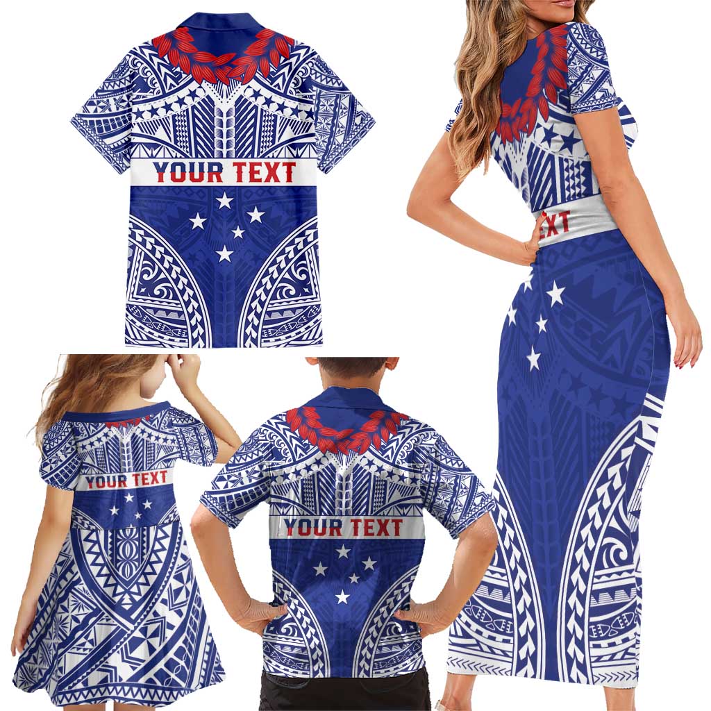 Personalised Toa Samoa Rugby Spirit Family Matching Short Sleeve Bodycon Dress and Hawaiian Shirt Blue Samoan Tribal Pattern - Polynesian Pride