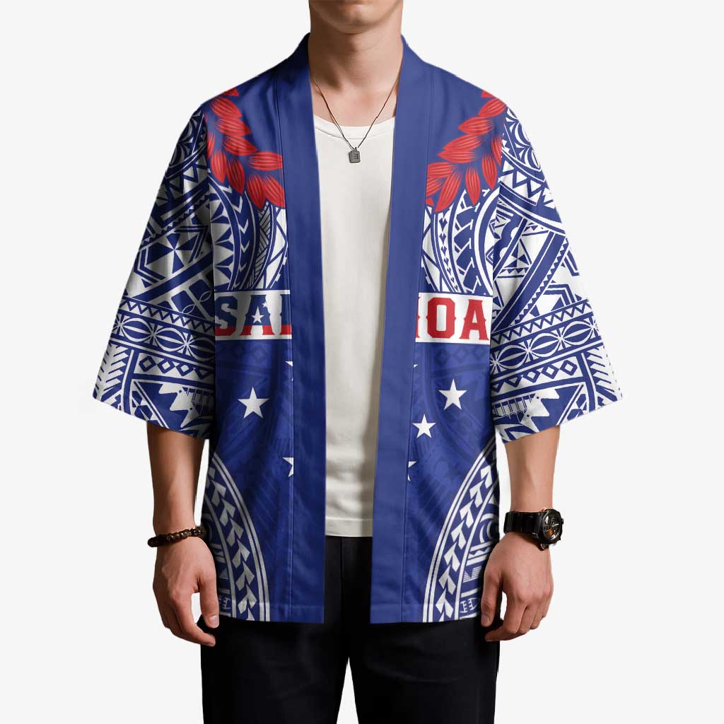 Personalised Toa Samoa Rugby Spirit Kimono Blue Samoan Tribal Pattern - Polynesian Pride
