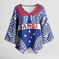 Personalised Toa Samoa Rugby Spirit Kimono Sleeve Blouse Blue Samoan Tribal Pattern - Polynesian Pride