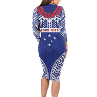 Personalised Toa Samoa Rugby Spirit Long Sleeve Bodycon Dress Blue Samoan Tribal Pattern - Polynesian Pride