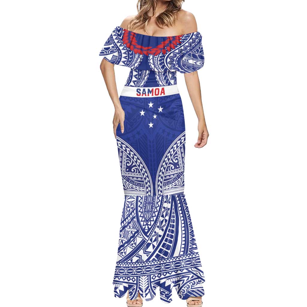 Personalised Toa Samoa Rugby Spirit Mermaid Dress Blue Samoan Tribal Pattern - Polynesian Pride