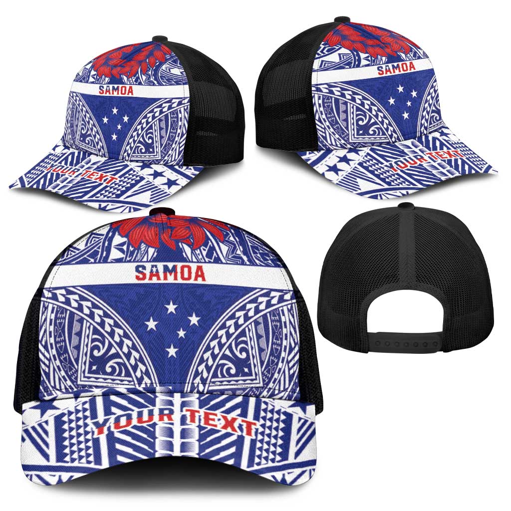 Personalised Toa Samoa Rugby Spirit Mesh Trucker Cap Blue Samoan Tribal Pattern - Polynesian Pride