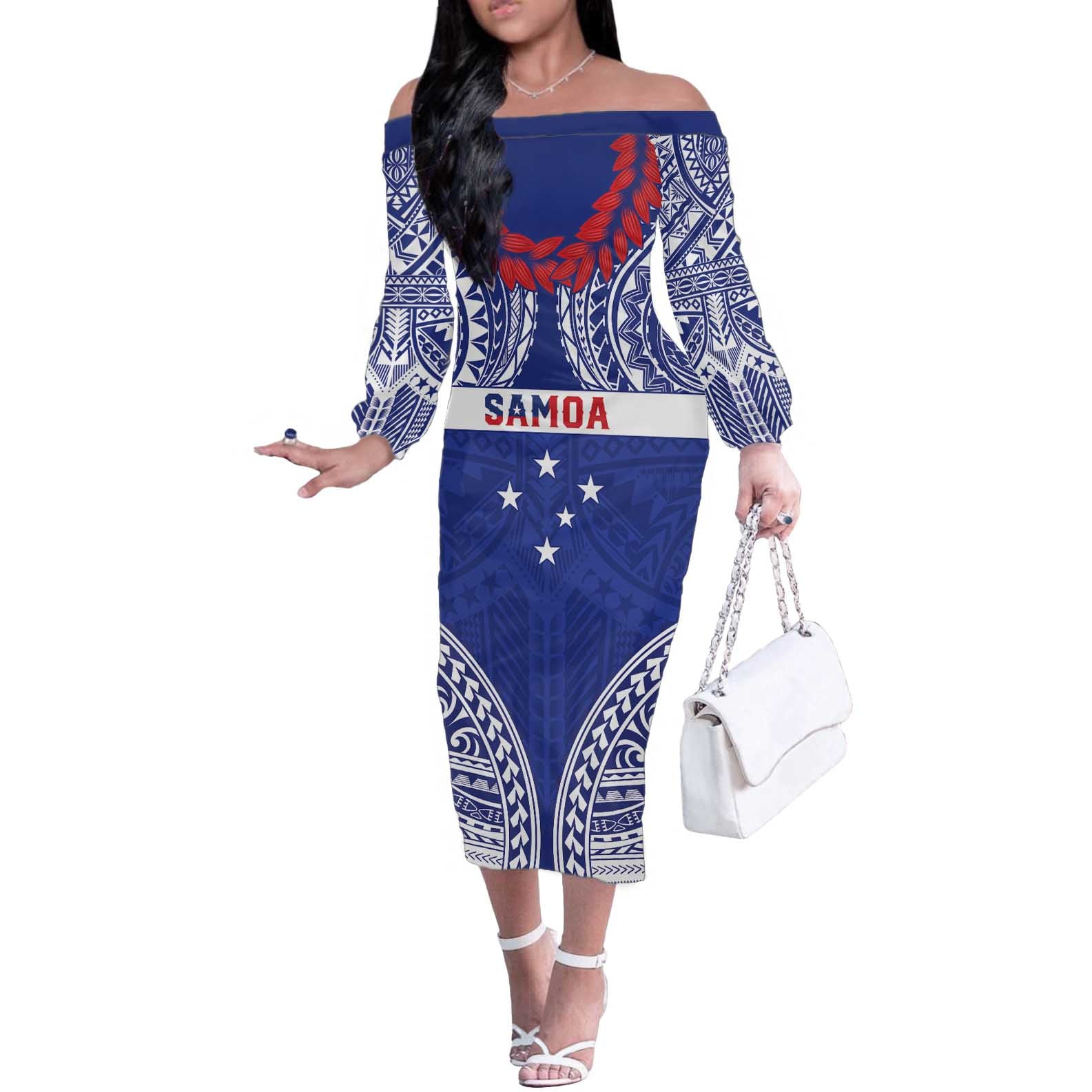 Personalised Toa Samoa Rugby Spirit Off The Shoulder Long Sleeve Dress Blue Samoan Tribal Pattern - Polynesian Pride