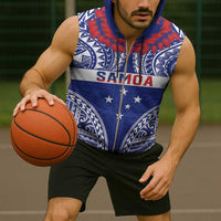 Personalised Toa Samoa Rugby Spirit Sleeveless Zip Hoodie Blue Samoan Tribal Pattern - Polynesian Pride