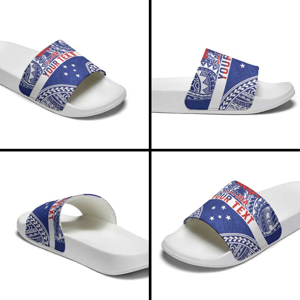 Personalised Toa Samoa Rugby Spirit Slide Sandals Blue Samoan Tribal Pattern - Polynesian Pride