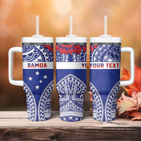 Personalised Toa Samoa Rugby Spirit Tumbler With Handle Blue Samoan Tribal Pattern - Polynesian Pride