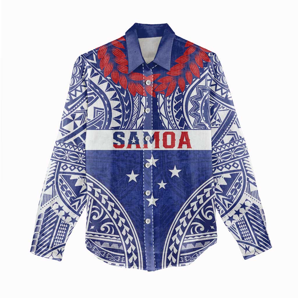 Personalised Toa Samoa Rugby Spirit Women Casual Shirt Blue Samoan Tribal Pattern - Polynesian Pride