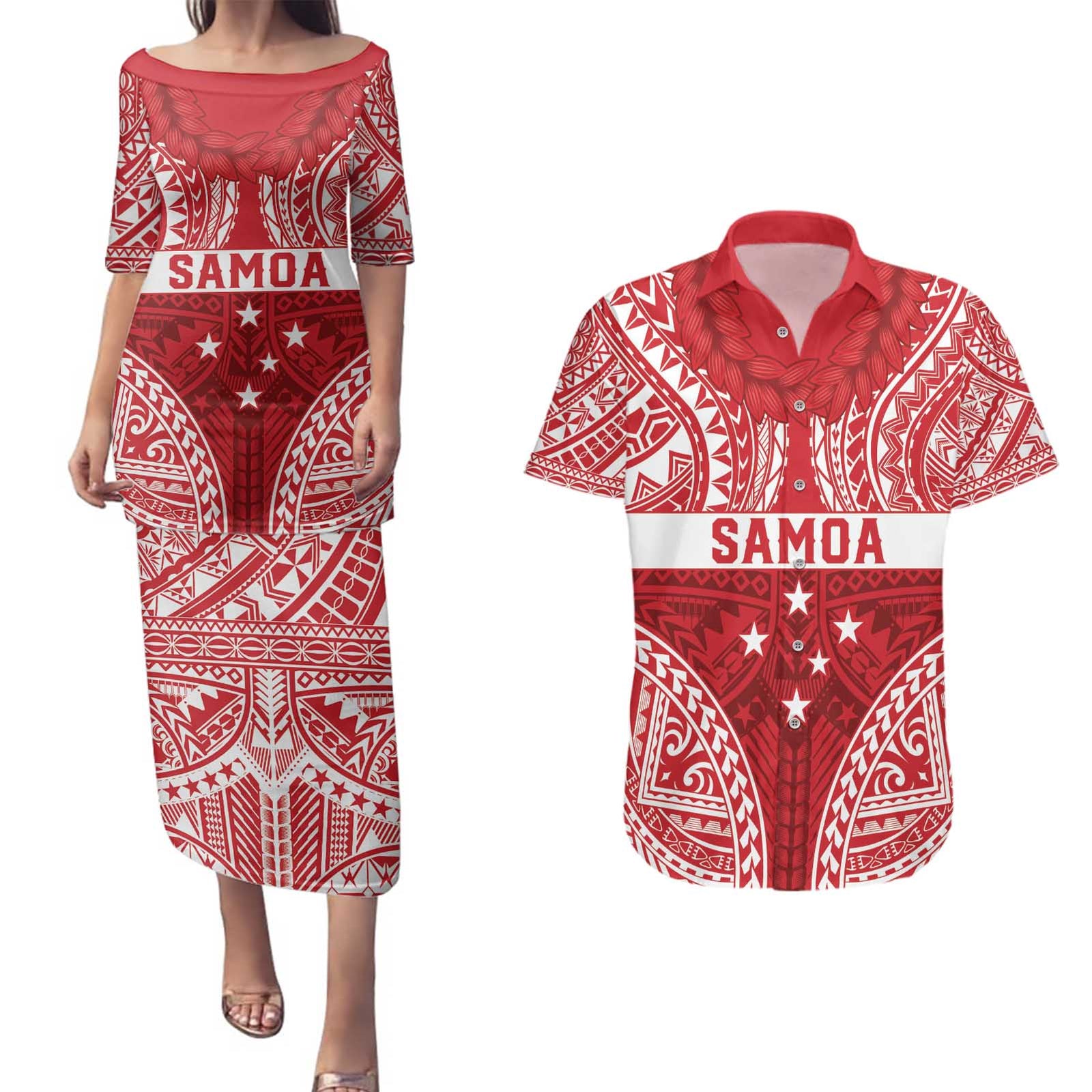 Personalised Toa Samoa Rugby Spirit Couples Matching Puletasi and Hawaiian Shirt Red Samoan Tribal Pattern - Polynesian Pride