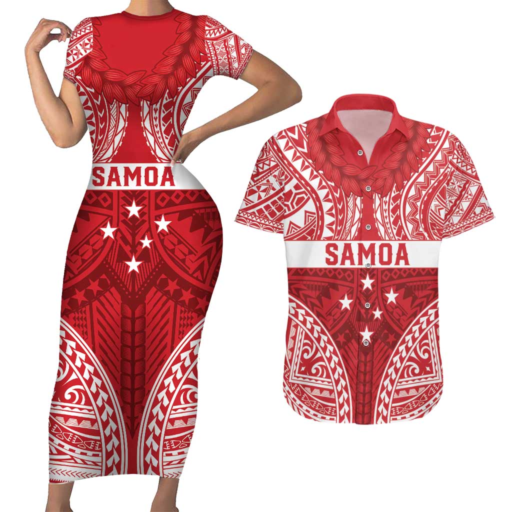 Personalised Toa Samoa Rugby Spirit Couples Matching Short Sleeve Bodycon Dress and Hawaiian Shirt Red Samoan Tribal Pattern - Polynesian Pride