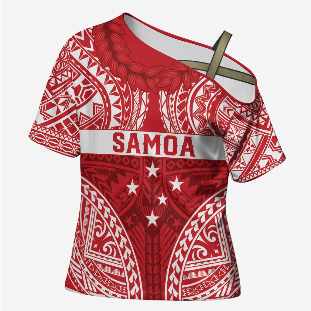 Personalised Toa Samoa Rugby Spirit Cross Shoulder Shirt Red Samoan Tribal Pattern - Polynesian Pride