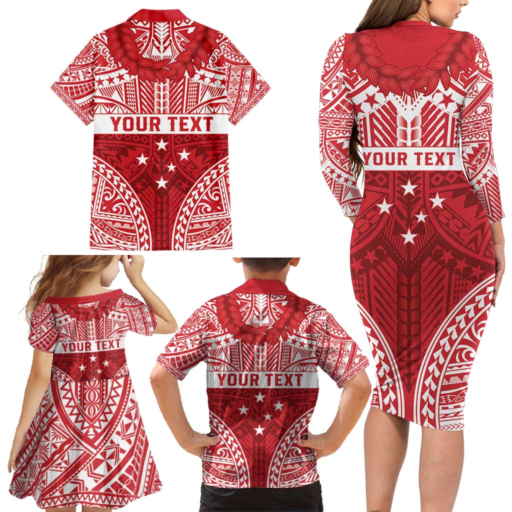 Personalised Toa Samoa Rugby Spirit Family Matching Long Sleeve Bodycon Dress and Hawaiian Shirt Red Samoan Tribal Pattern - Polynesian Pride