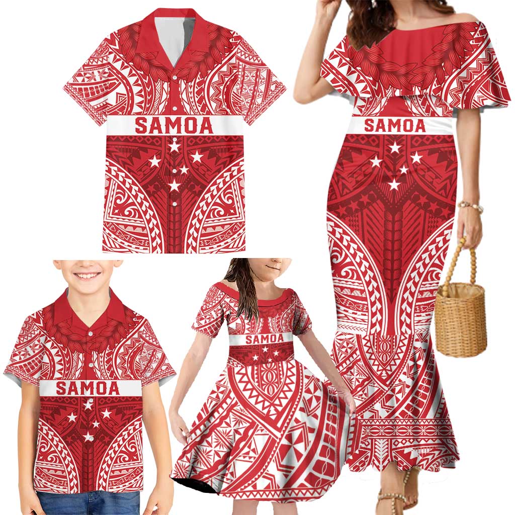 Personalised Toa Samoa Rugby Spirit Family Matching Mermaid Dress and Hawaiian Shirt Red Samoan Tribal Pattern - Polynesian Pride