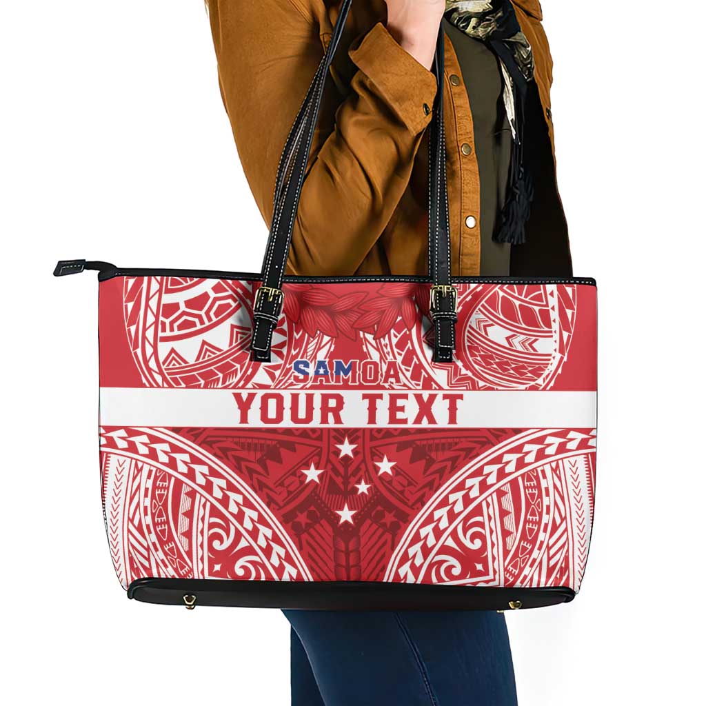 Personalised Toa Samoa Rugby Spirit Leather Tote Bag Red Samoan Tribal Pattern - Polynesian Pride