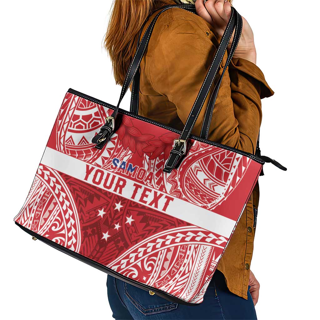 Personalised Toa Samoa Rugby Spirit Leather Tote Bag Red Samoan Tribal Pattern - Polynesian Pride