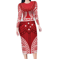 Personalised Toa Samoa Rugby Spirit Long Sleeve Bodycon Dress Red Samoan Tribal Pattern - Polynesian Pride
