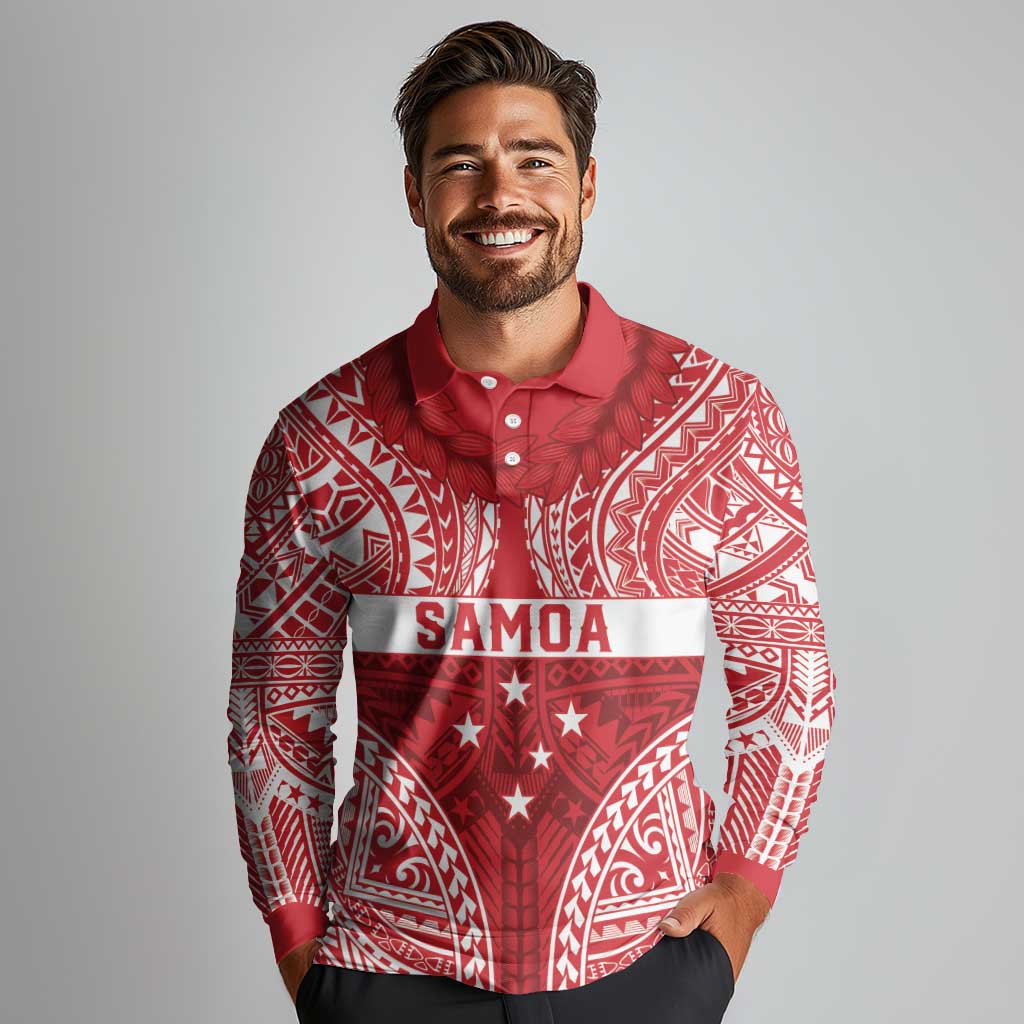 Personalised Toa Samoa Rugby Spirit Long Sleeve Polo Shirt Red Samoan Tribal Pattern - Polynesian Pride