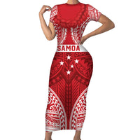 Personalised Toa Samoa Rugby Spirit Short Sleeve Bodycon Dress Red Samoan Tribal Pattern - Polynesian Pride