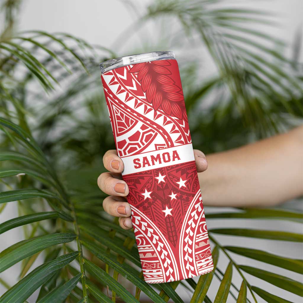 Personalised Toa Samoa Rugby Spirit Skinny Tumbler Red Samoan Tribal Pattern - Polynesian Pride
