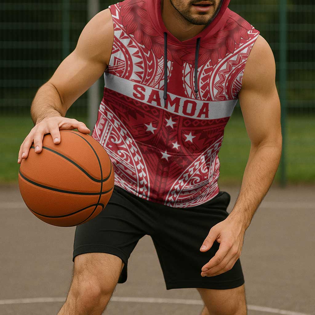 Personalised Toa Samoa Rugby Spirit Sleeveless Hoodie Red Samoan Tribal Pattern - Polynesian Pride