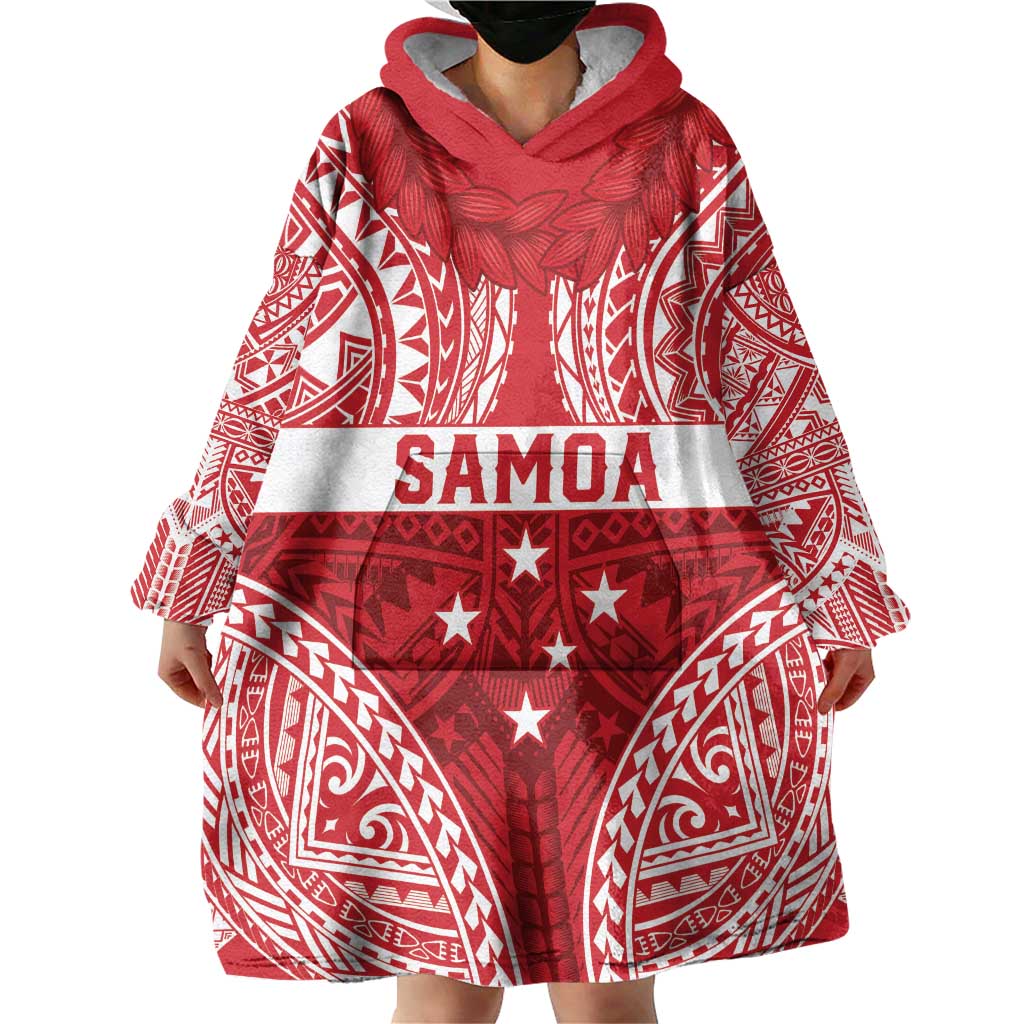 Personalised Toa Samoa Rugby Spirit Wearable Blanket Hoodie Red Samoan Tribal Pattern - Polynesian Pride