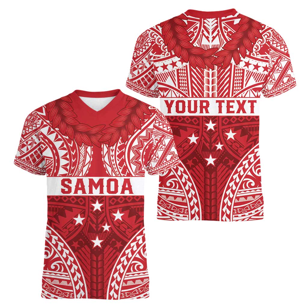 Personalised Toa Samoa Rugby Spirit Women V-Neck T-Shirt Red Samoan Tribal Pattern - Polynesian Pride