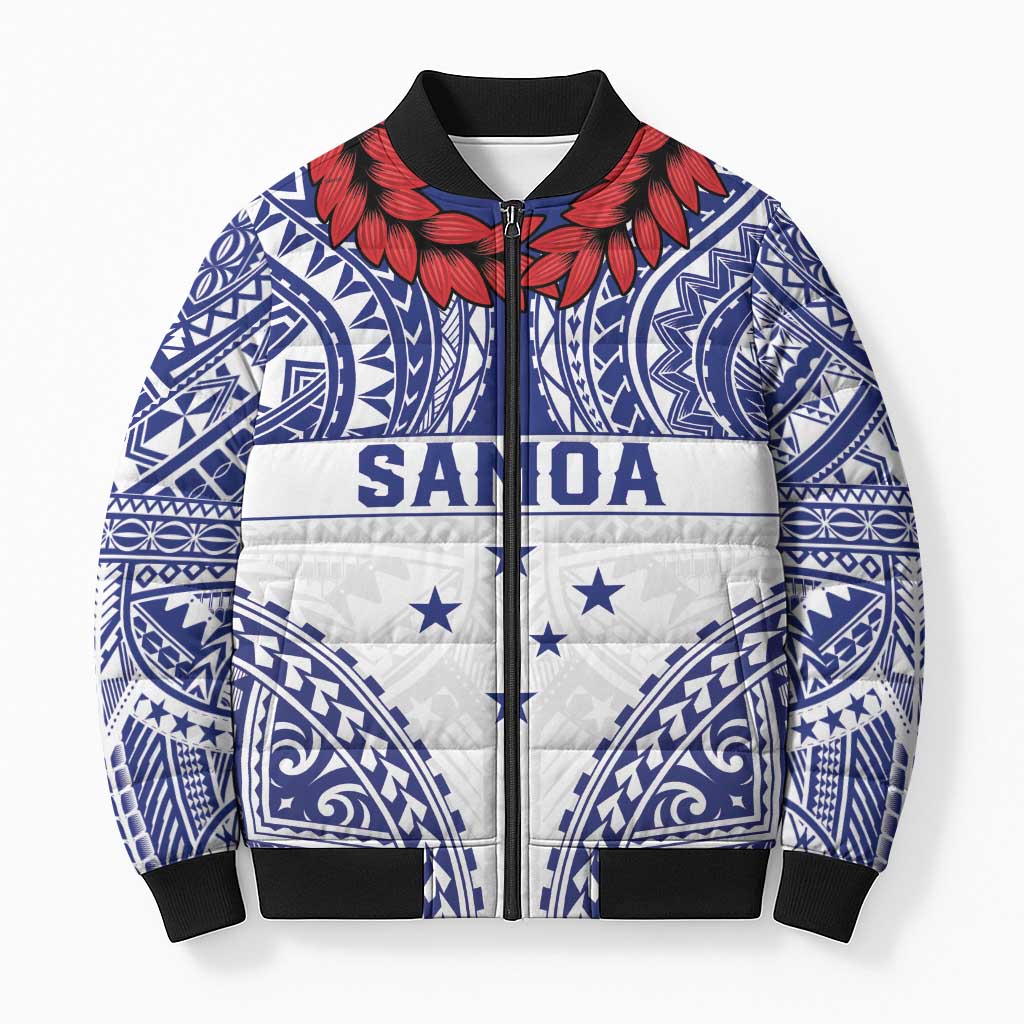 Personalised Toa Samoa Rugby Spirit Bomber Puffer Jacket White Samoan Tribal Pattern - Polynesian Pride