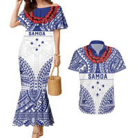 Personalised Toa Samoa Rugby Spirit Couples Matching Mermaid Dress and Hawaiian Shirt White Samoan Tribal Pattern - Polynesian Pride