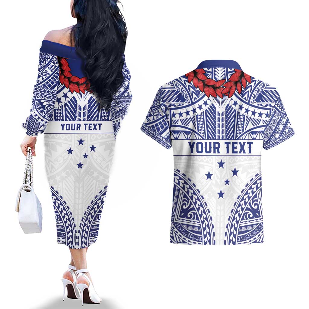 Personalised Toa Samoa Rugby Spirit Couples Matching Off The Shoulder Long Sleeve Dress and Hawaiian Shirt White Samoan Tribal Pattern - Polynesian Pride