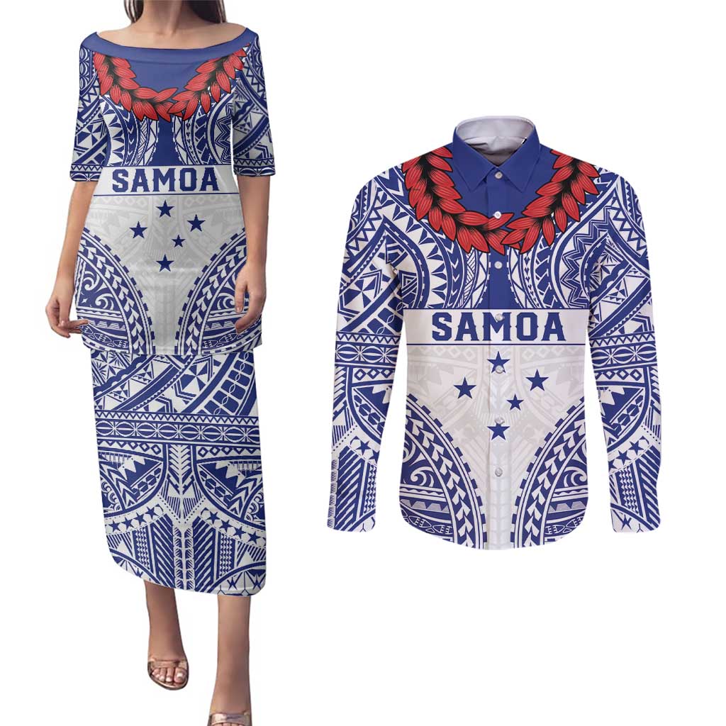 Personalised Toa Samoa Rugby Spirit Couples Matching Puletasi and Long Sleeve Button Shirt White Samoan Tribal Pattern - Polynesian Pride