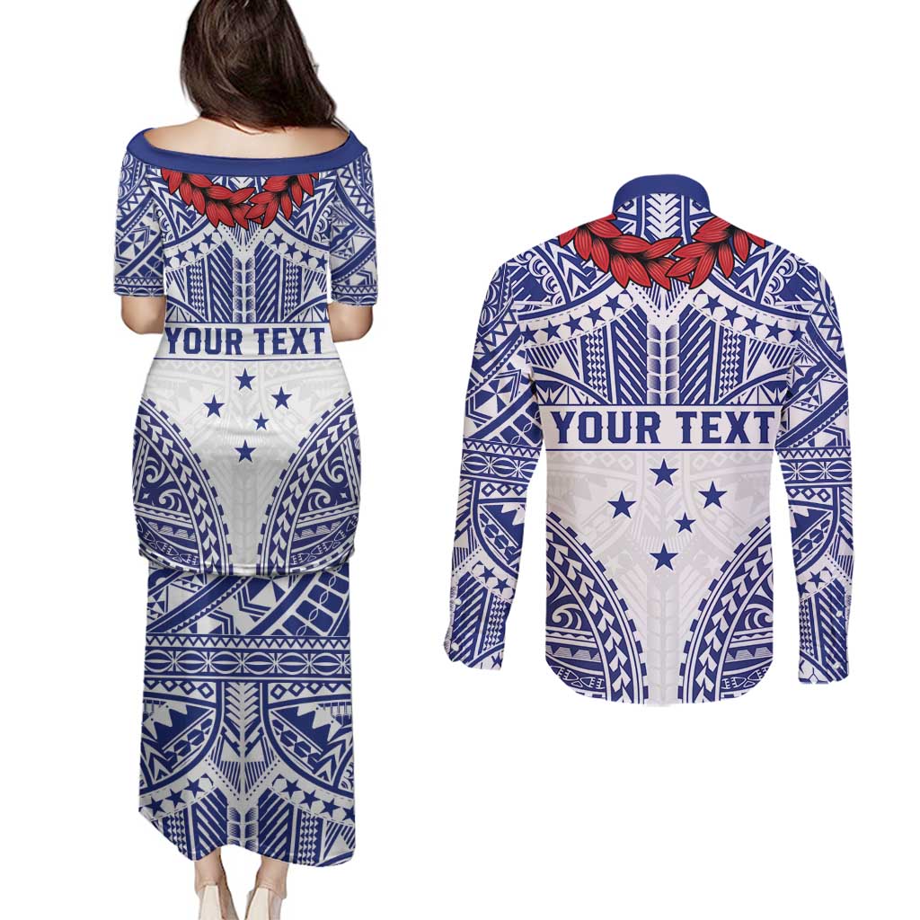 Personalised Toa Samoa Rugby Spirit Couples Matching Puletasi and Long Sleeve Button Shirt White Samoan Tribal Pattern - Polynesian Pride