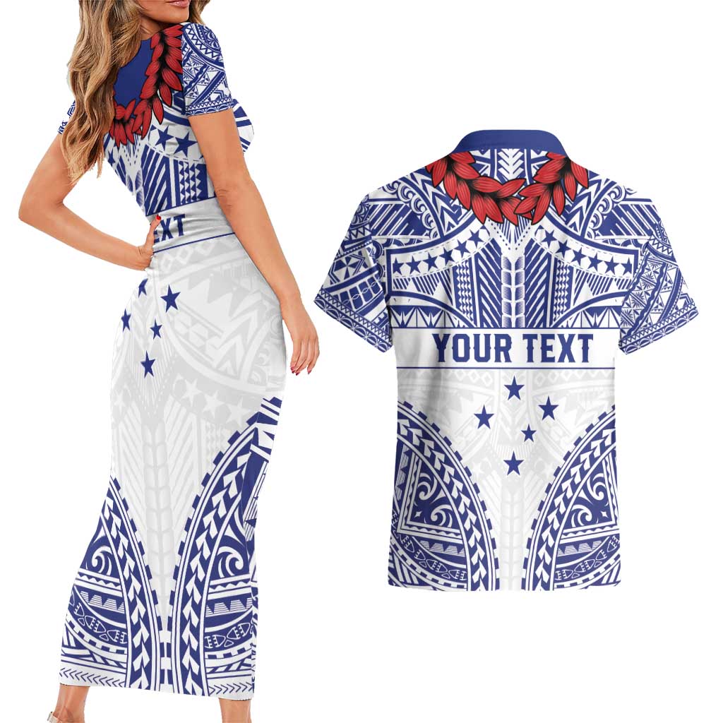Personalised Toa Samoa Rugby Spirit Couples Matching Short Sleeve Bodycon Dress and Hawaiian Shirt White Samoan Tribal Pattern - Polynesian Pride