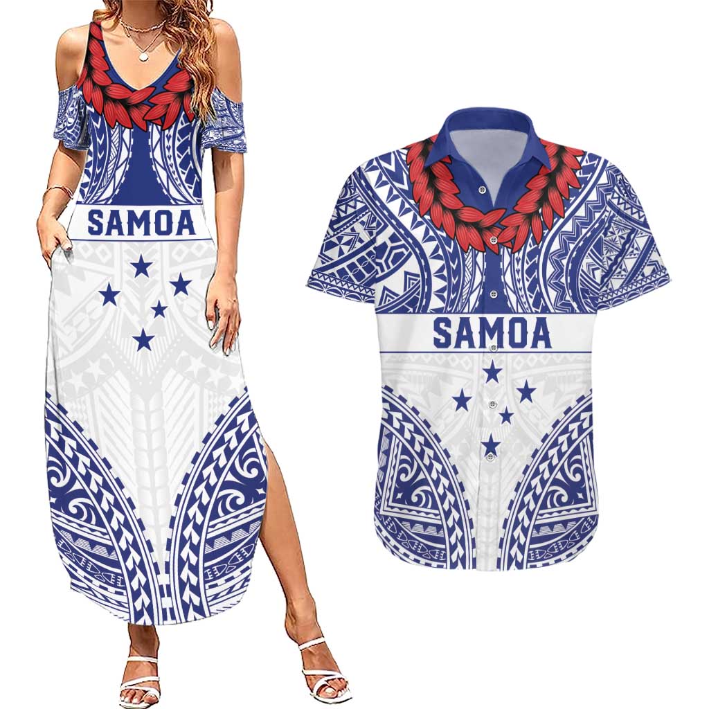 Personalised Toa Samoa Rugby Spirit Couples Matching Summer Maxi Dress and Hawaiian Shirt White Samoan Tribal Pattern - Polynesian Pride