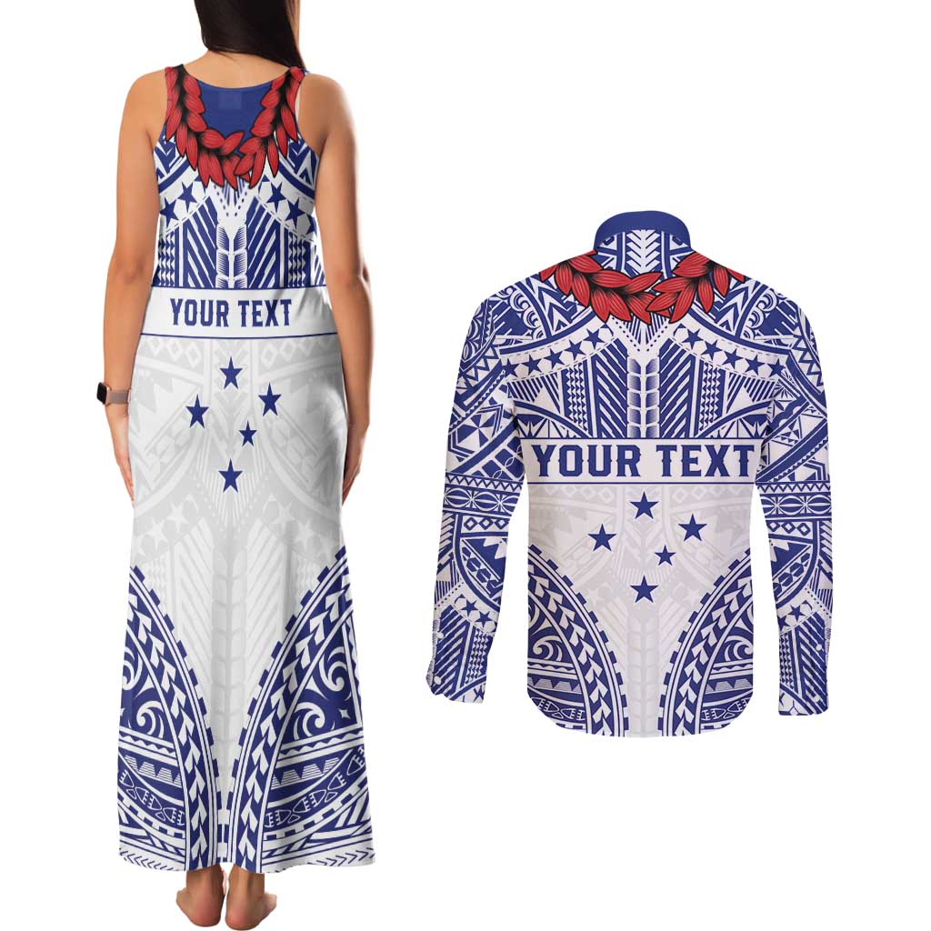 Personalised Toa Samoa Rugby Spirit Couples Matching Tank Maxi Dress and Long Sleeve Button Shirt White Samoan Tribal Pattern - Polynesian Pride