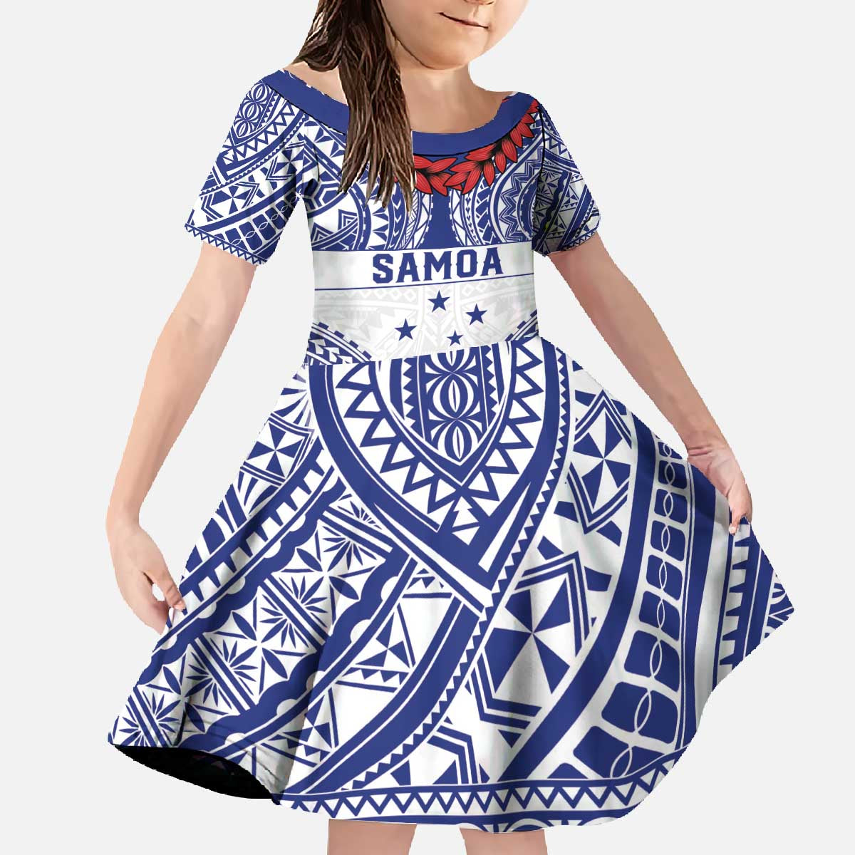 Personalised Toa Samoa Rugby Spirit Family Matching Off The Shoulder Long Sleeve Dress and Hawaiian Shirt White Samoan Tribal Pattern - Polynesian Pride