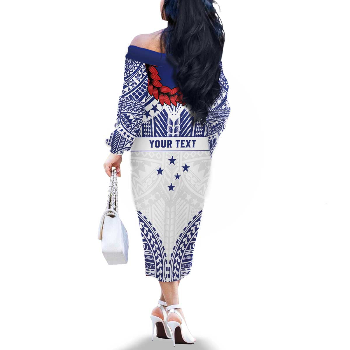 Personalised Toa Samoa Rugby Spirit Family Matching Off The Shoulder Long Sleeve Dress and Hawaiian Shirt White Samoan Tribal Pattern - Polynesian Pride
