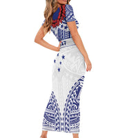 Personalised Toa Samoa Rugby Spirit Family Matching Short Sleeve Bodycon Dress and Hawaiian Shirt White Samoan Tribal Pattern - Polynesian Pride