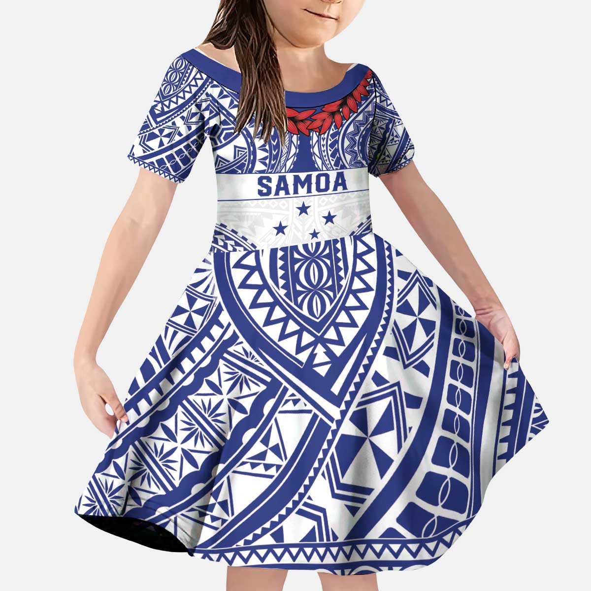 Personalised Toa Samoa Rugby Spirit Kid Short Sleeve Dress White Samoan Tribal Pattern - Polynesian Pride