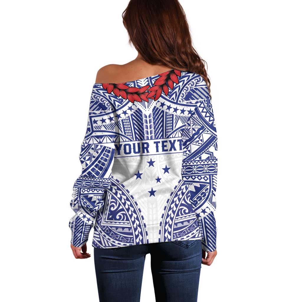 Personalised Toa Samoa Rugby Spirit Off Shoulder Sweater White Samoan Tribal Pattern - Polynesian Pride