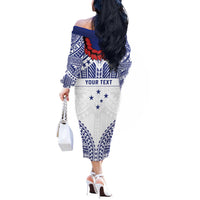Personalised Toa Samoa Rugby Spirit Off The Shoulder Long Sleeve Dress White Samoan Tribal Pattern - Polynesian Pride